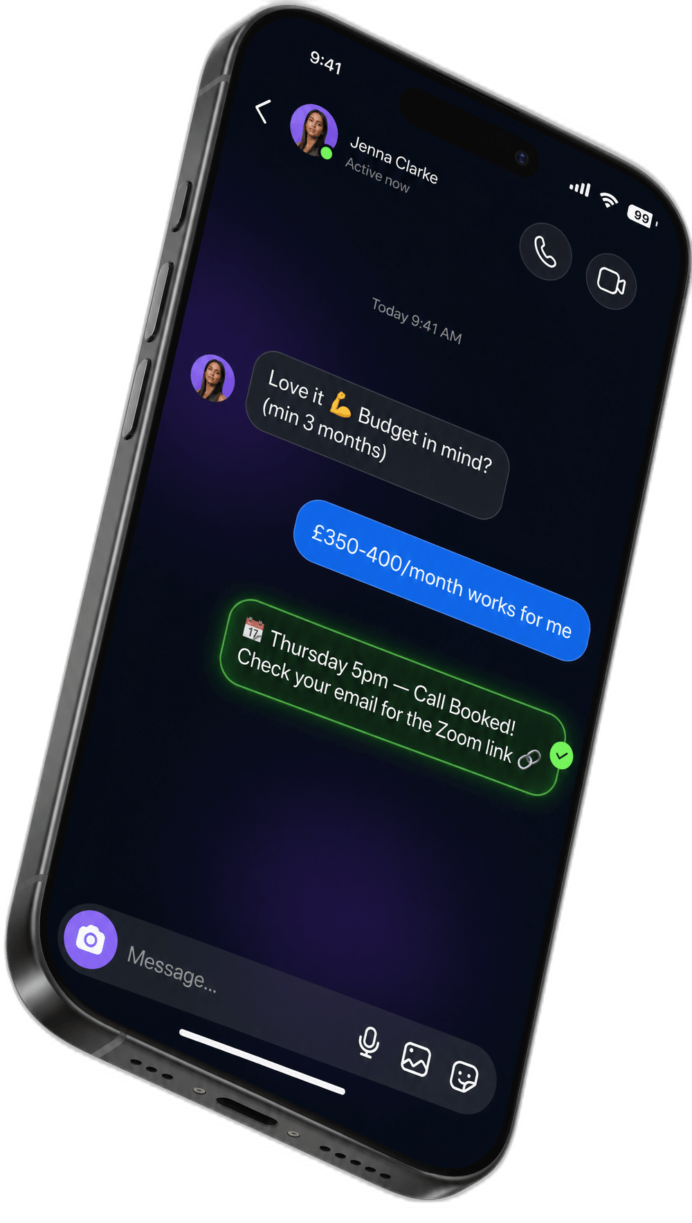 DM Flow — iPhone showing automated DM conversation